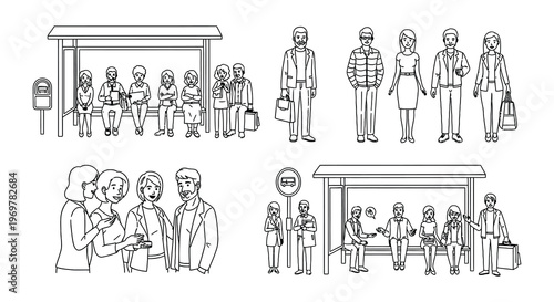 People waiting at bus stops and conversing in a line art illustration