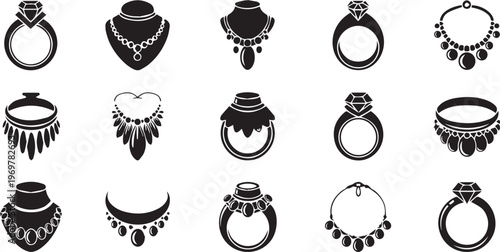 Luxury Jewelry Icon Set - Diamond Ring and Elegant Necklace Silhouettes