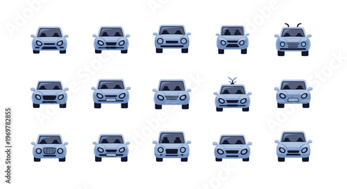 Pixel art cars set. Front view automobiles collection.