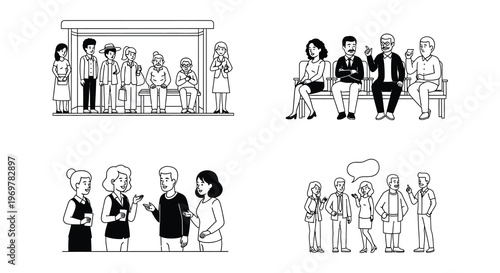 People waiting at bus stops and conversing in a line art illustration