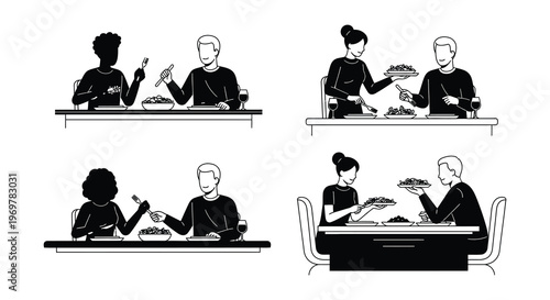 Black and white illustration of people enjoying a meal together