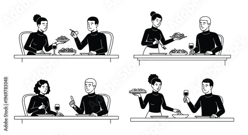 Black and white illustration of people enjoying a meal together