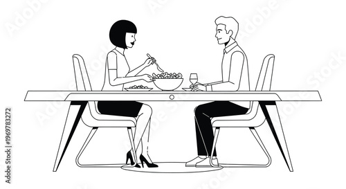 Black and white illustration of people enjoying a meal together