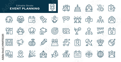 Event planning. Set of outline icons. Event organization, holiday, catering, guests, invitation, entertainment, celebration, decoration and more. Line icon in linear style. Vector collection	

