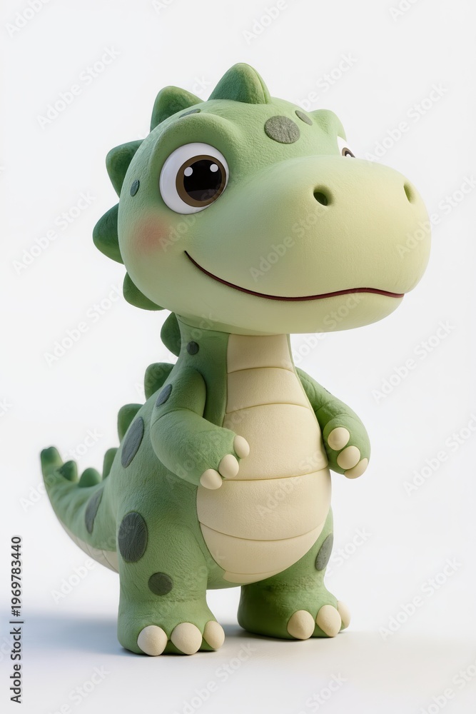 Obraz premium Baby dinosaur toy, soft matte finish, adorable proportions, white background