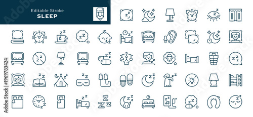 Sleep. Set of outline icons. Sleeping person, sleep, night rest, bed, pillow, sleeping pills, earplugs, moon, lullaby, bedtime story and more. Line icon in linear style. Vector collection	