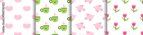 Vector set of cute seamless patterns with pastel pink grid hearts, kawaii tea cup, flying dove bird, smiling tulip flower on white background. Adorable prints for kids, gift wrapping, wallpaper.