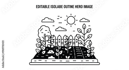 Gardening scene with people plants and tools in a linear style