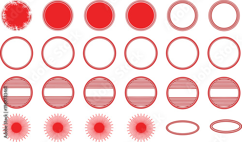 Set of red circular grunge postal stamps and vintage frames featuring round textures sunburst designs and oval labels for professional retro graphic design projects.