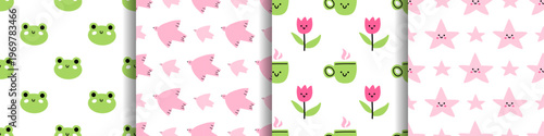 Vector cute seamless pattern set with smiling frog, flying pink dove bird, happy tulip flower, star character on white background. Playful print collection for kids fabric, gift wrapping, wallpaper.