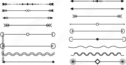 Quadro su tela Set of elegant decorative vector line dividers and ornamental borders with arrows wavy elements and geometric shapes for professional graphic design and page layout separation