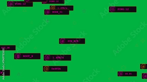 Initial spawn driving neon nodes sliding, stacking, linking to show network HUD on transparent bg