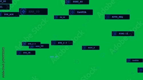 Net HUD receiving data pulse, nodes clustering into stacked bars to show status on transparent bg