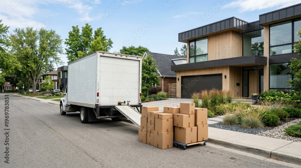 Naklejka premium Moving truck unloading boxes near modern house relocation service