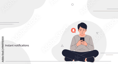 Man using smartphone with instant notification alert, modern minimalist illustration
