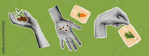 Vector modern gardening collage with grange halftone hands holding sprout, pouring seeds, seed packets banner on green background. Trendy planting, growth, eco friendly garden work illustration set.