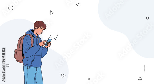 Young student with backpack using smartphone, modern abstract background with geometric shapes