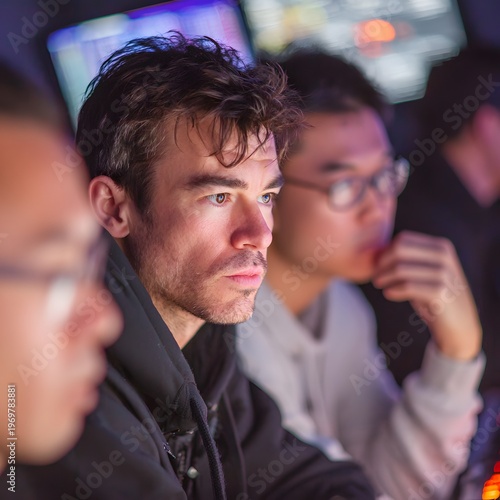 Intense Man Concentrating on a Data Screen in a Technical Control Room