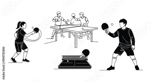 People playing table tennis and jump roping in a minimalist illustration