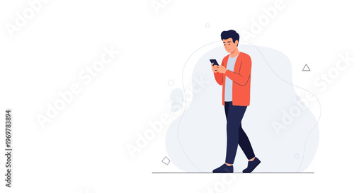Man Walking While Using Smartphone, Modern Flat Design Illustration
