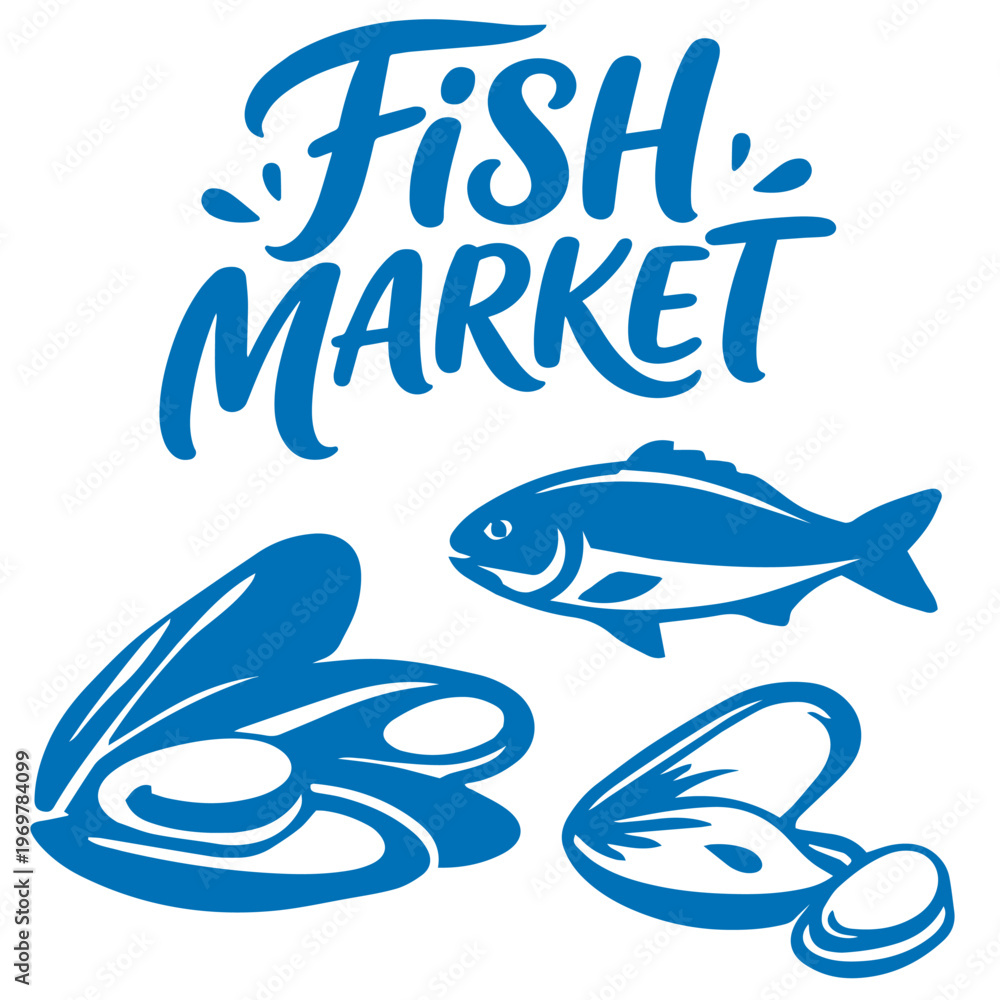 Obraz premium Fish market seafood assortment with fish and shellfish illustration 
