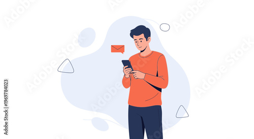 Man Texting on Smartphone, Notification Icon, Modern Flat Illustration