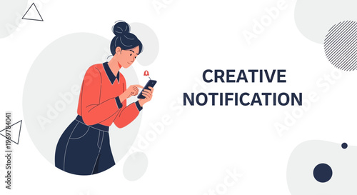 Woman checking phone with creative notification alert, modern illustration