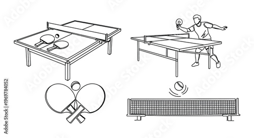 People playing table tennis and jump roping in a minimalist illustration