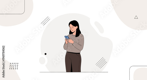 Young woman looking at smartphone with worried expression, flat illustration style