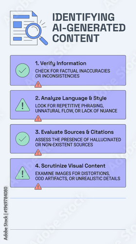 Identifying AI-Generated Content: Tips for Verification and Analysis, infographic