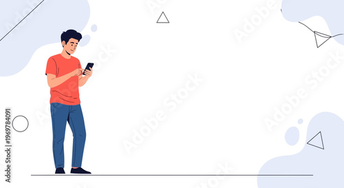 Young Man Using Mobile Phone, Modern Abstract Background, Minimalist Design