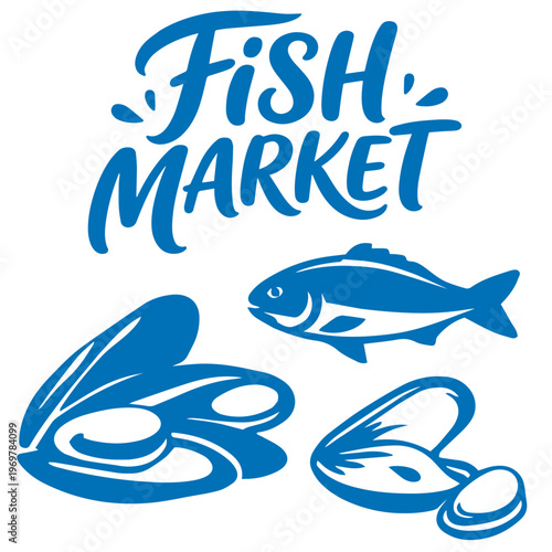 Fish market seafood assortment with fish and shellfish illustration
