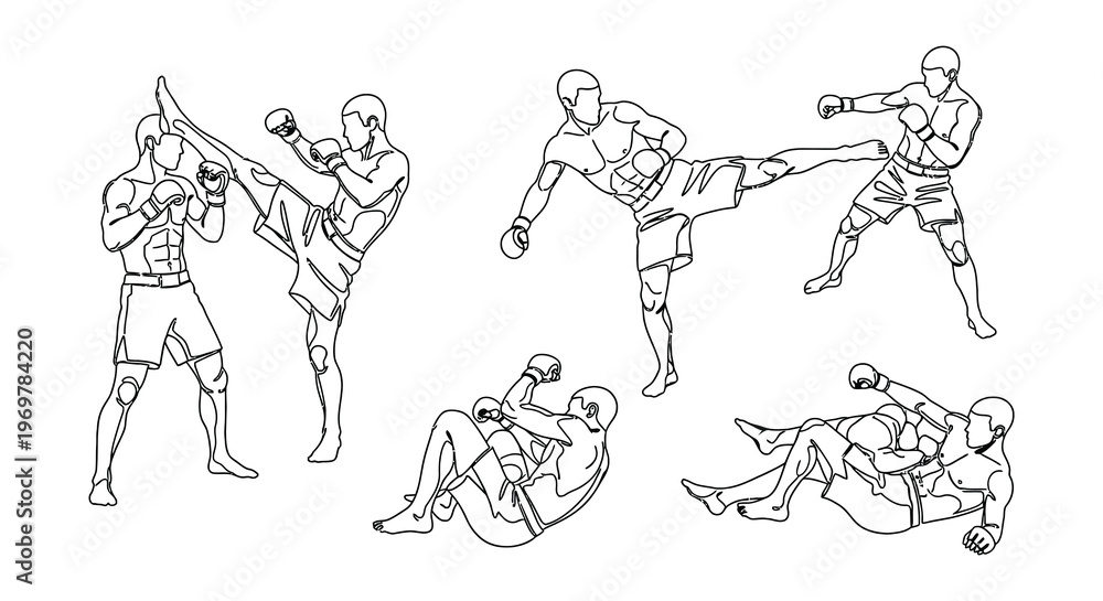 Fototapeta premium Dynamic sketches depict martial artists in various fighting and training poses