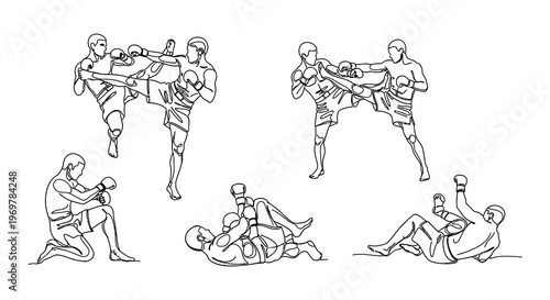 Dynamic sketches depict martial artists in various fighting and training poses