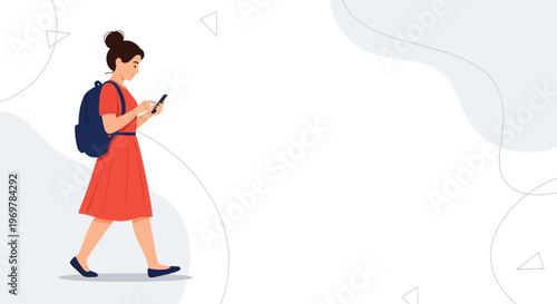 Young Woman Walking with Backpack and Phone, Red Dress, Casual Style