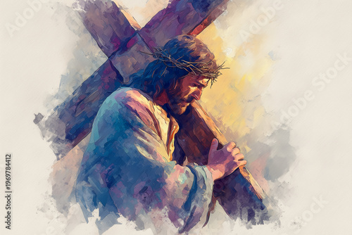 Jesus Takes Up His Cross, Digital Watercolor Painting, Passion and Religious Concept