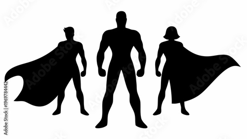 Dynamic trio of diverse superheroes a male and female duo with a central male figure striking powerful poses with flowing capes against a clean white background symbolizing