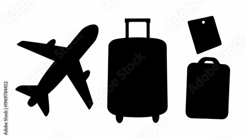 Collection of black silhouette icons representing air travel and luggage including a modern jet airplane a wheeled suitcase and a small luggage tag isolated on a clean white