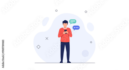 Man Texting on Smartphone with Chat Bubbles Illustration