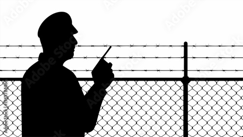 Silhouette of a security guard in uniform standing near a chain link fence with barbed wire holding a radio conveying vigilance and border control in a stark isolated setting