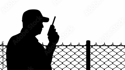 Silhouette of a security guard wearing a cap holding a radio communicator in his hand standing near a chain link fence with barbed wire on top symbolizing border control