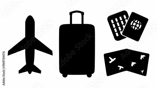 Collection of black silhouette travel icons including a modern airplane wheeled suitcase passports and a folded map with airplane symbols isolated on a white background