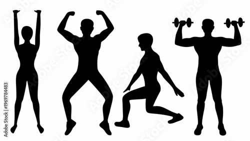 Diverse black silhouette figures demonstrating dynamic fitness poses including stretching jumping jacks lunges and weightlifting isolated on a clean white background for versatile