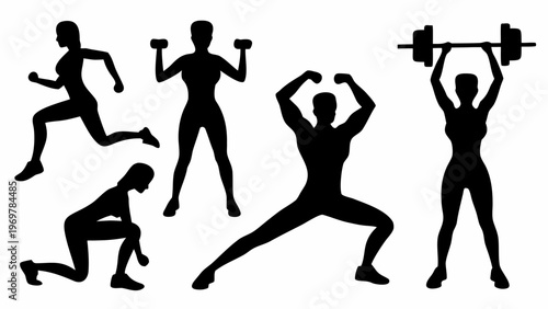 Dynamic collection of diverse black silhouette figures showcasing various fitness activities including running weightlifting and yoga poses against a clean white background