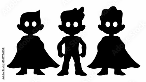 Bold black silhouette trio of stylized comic book superheroes with capes and distinctive hairstyles standing confidently with bright white eyes against a clean white background