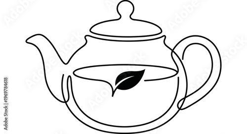 Minimalist continuous line teapot with tea leaf floating vector illustration