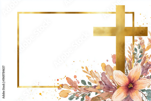 Golden Christian Cross Clipart with Watercolor Easter Theme, Decorative Border and Banner on White Background