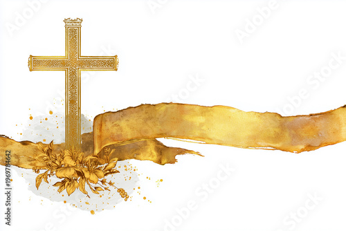 Golden Christian Cross Clipart with Watercolor Easter Theme, Decorative Border and Banner on White Background