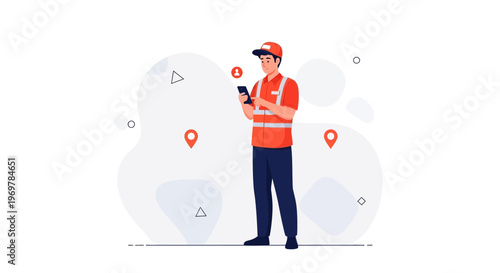 Delivery man using smartphone with location pins and abstract shapes background