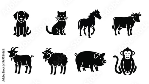 A collection of farm and wild animals depicted in a minimalist black style showcasing a distinct silhouette high quality professional detailed
